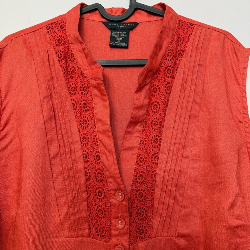 Anne Carson 100% Linen Orange Red Boxy Blouse with Mandarin Collar sz 2X - Picture 4 of 9